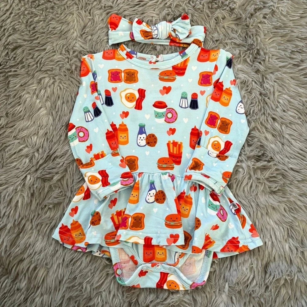 Little Bum Bums Breakfast Buddies Twirl Skirt Onesie‎ + Bow Bamboo 3-6 Months